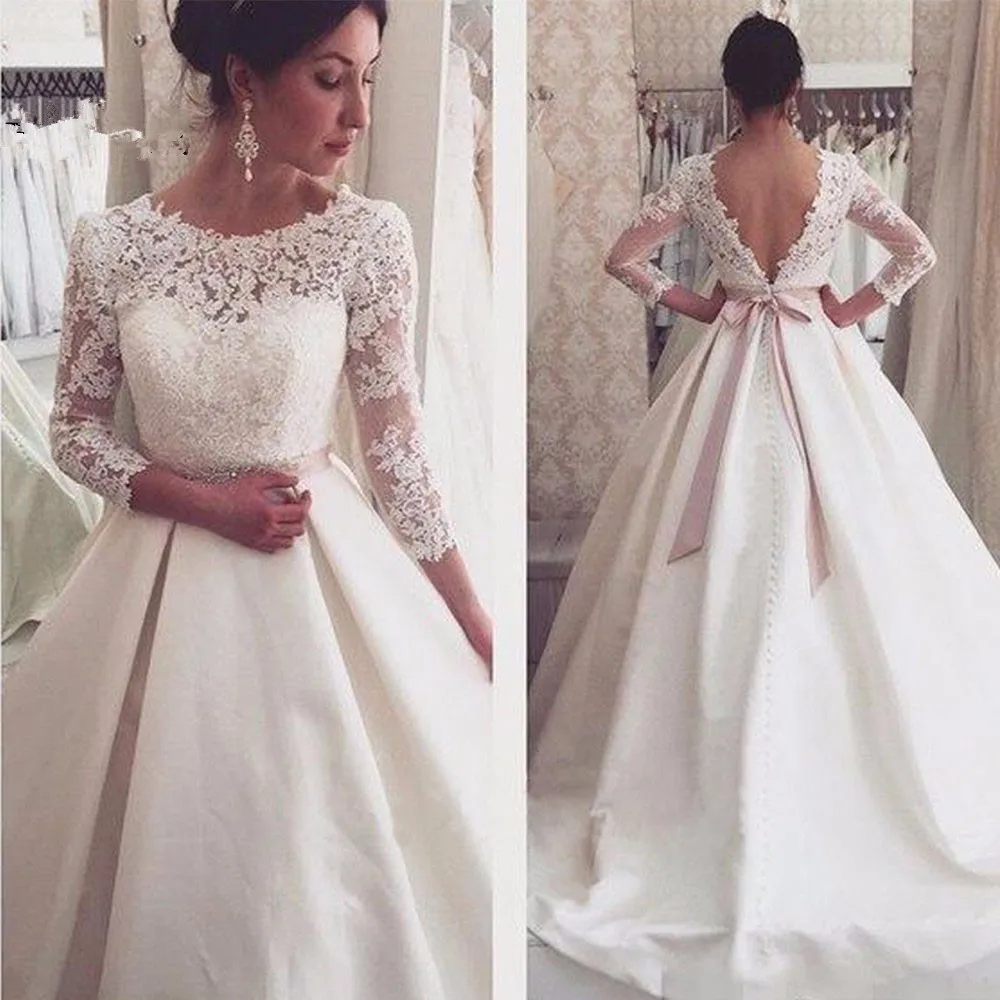Vestido De Noiva Свадебные платья с длинным рукавом А-силуэта 3/4 Аппликации Кружева сексуальное свадебное платье с открытой спиной Свадебные платья