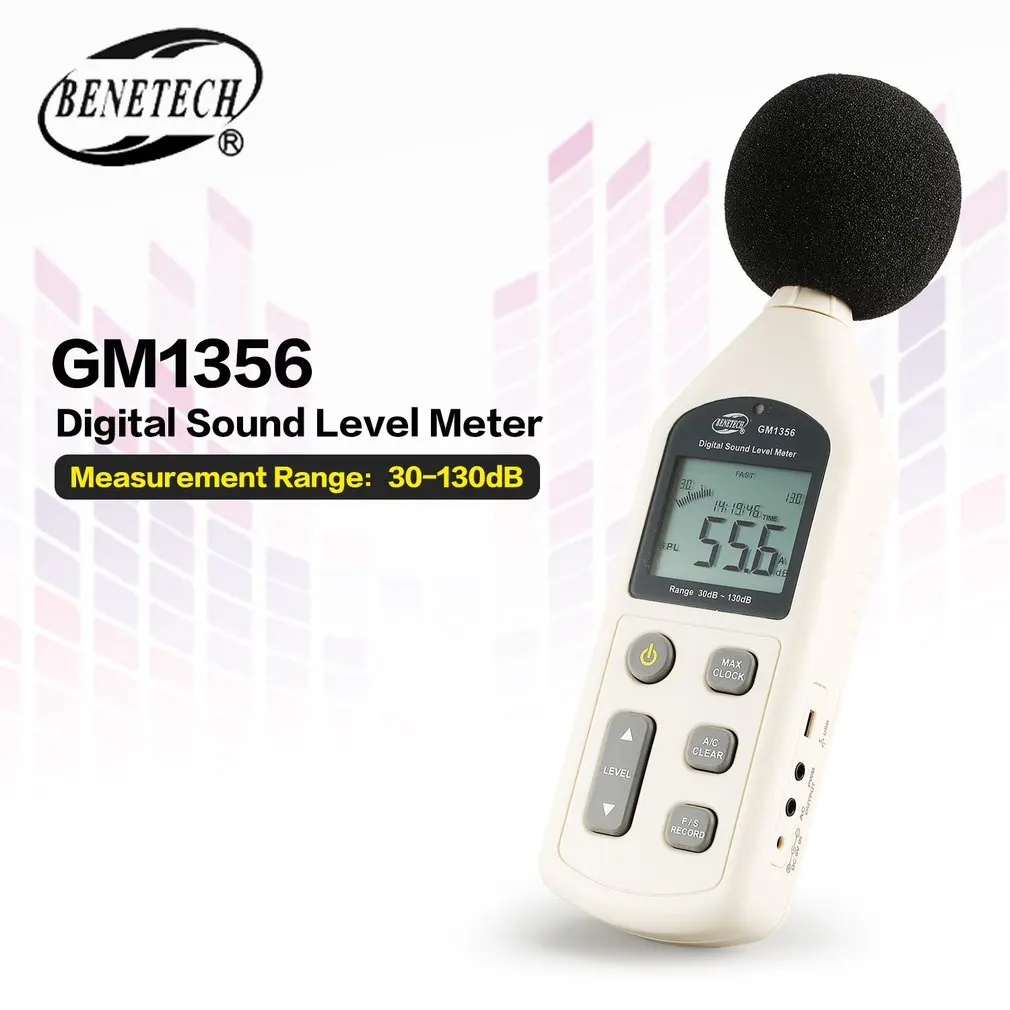 BENETECH GM1356 30-130dB A/C Digital Sound Level Meter Noise Volume Tester Fast/Slow dB Decibels Detector with Backlight USB | Инструменты