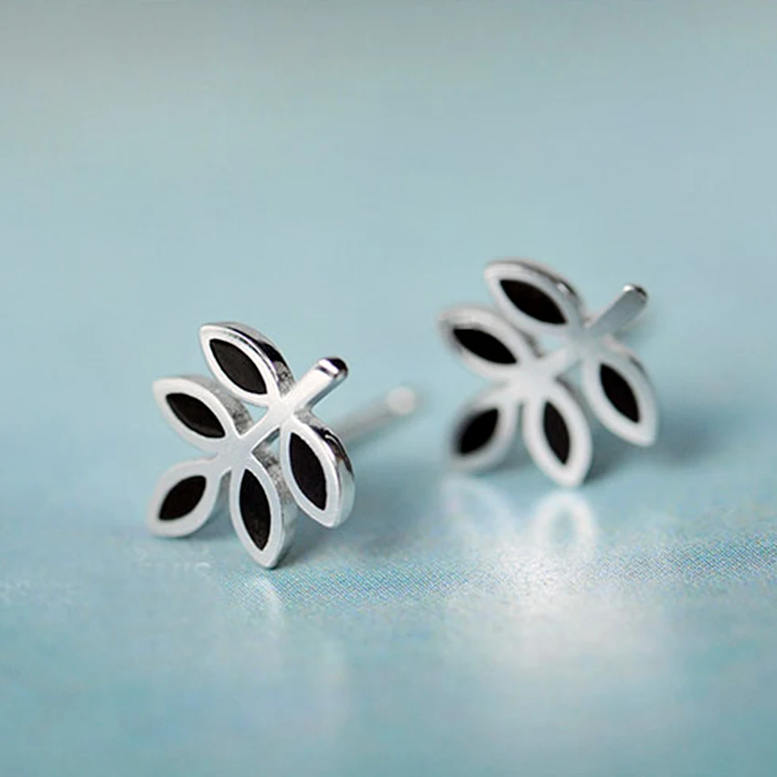 Kinitial 1Pair Trendy Jewelry 2017 Simple 925 Silver Fashion Small Black Leaves Stud Earrings For Women Femme Brincos Bijoux | Украшения и