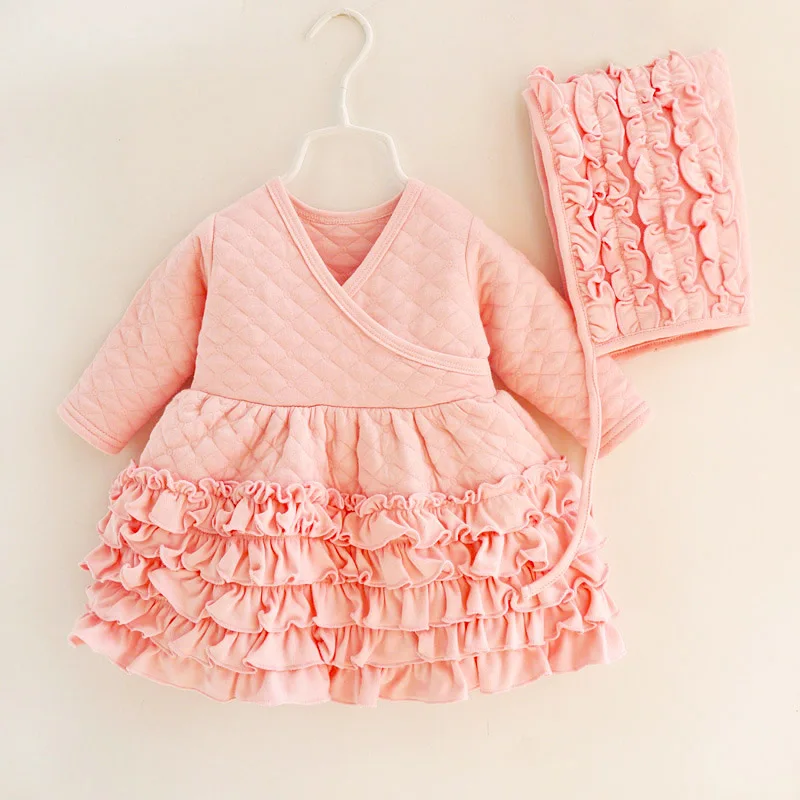 pink little thick Новое Осеннее Хлопковое платье с оборками для маленьких девочек, с капюшоном, красные, розовые платья принцессы, комплект одежды для маленьких девочек подарок для новорожденных, 3 мес., 6 мес., 9 месяцев - Цвет: pink little thick