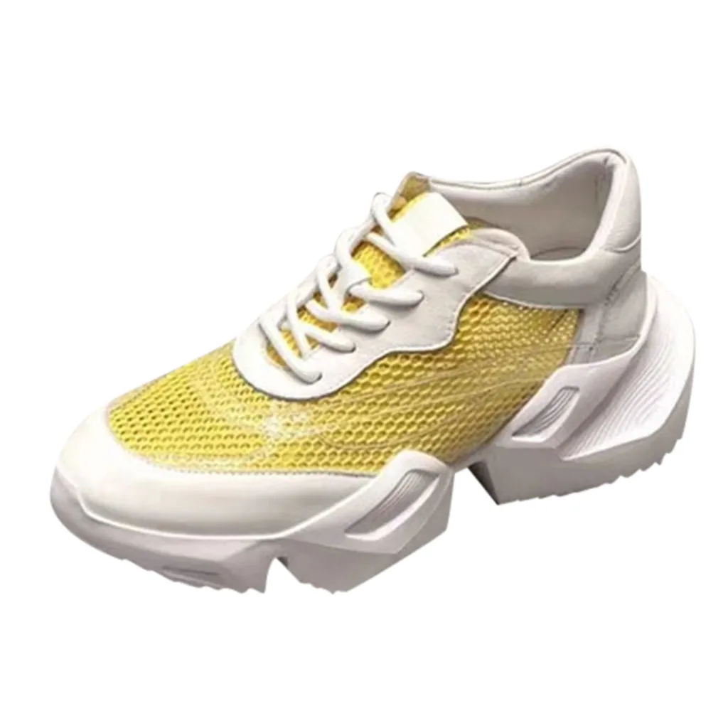 Yellow SAGACE/; Модные женские простые дышащие кроссовки из сетки; Студенческая спортивная обувь на толстой подошве; обувь для бега на плоской подошве; Прямая поставка; May31 - Цвет: Yellow
