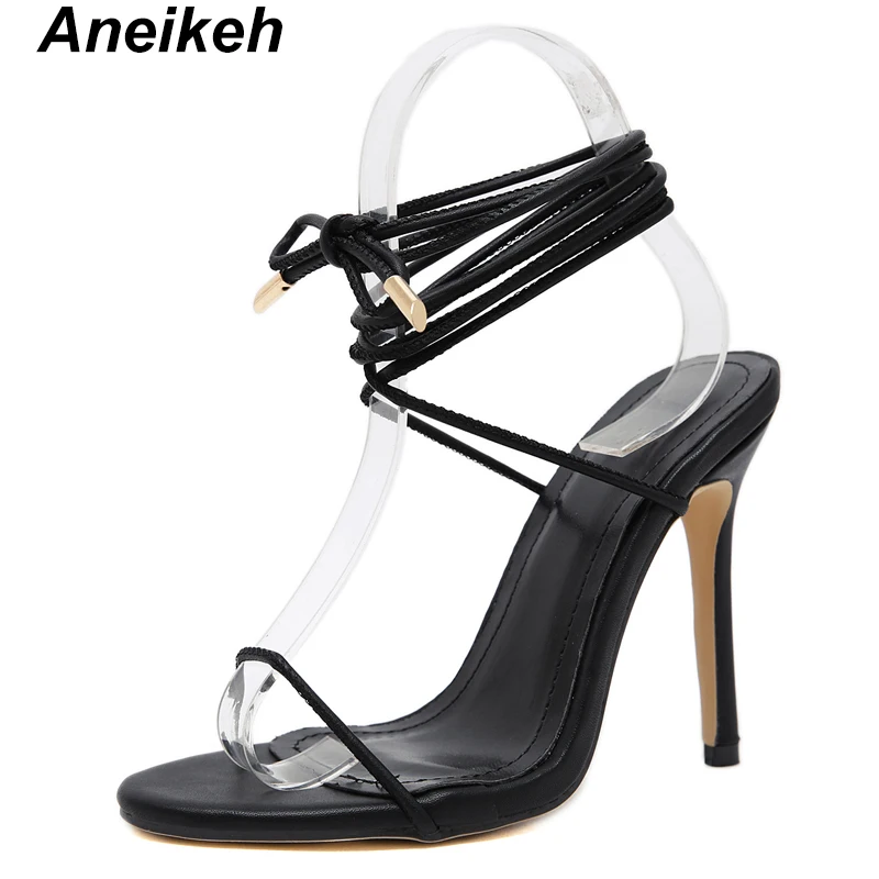 Aneikeh/ г. Элегантные босоножки из pu искусственной кожи женские офисные модельные туфли на тонком высоком каблуке, с круглым носком, на шнуровке Повседневная обувь, Размеры 35-40, черный, абрикосовый, белый
