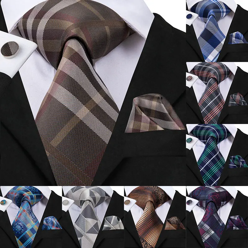 Red Ties Silk Wedding Neck Tie Checked Tie Clip Handky Cufflink Set Gift Box Tie for Business Suit Hi-Tie 150cm Wholesale C-704