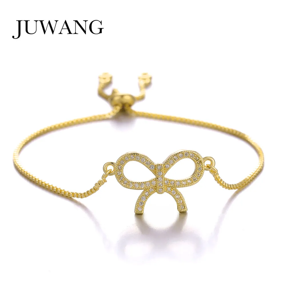 

JUWANG Bow Sparkling Charm Bracelets Bangles for Woman Clear AAA CZ Cute Adjust Chain Bracelet Fashion Jewelry Gift