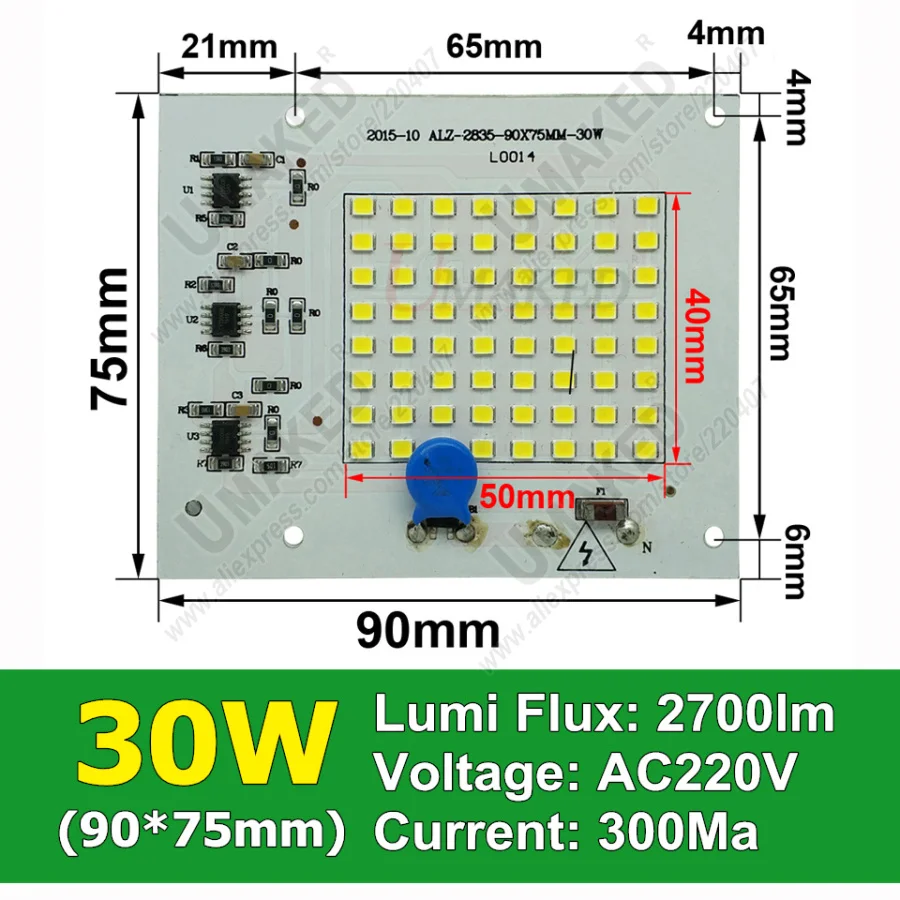 Реальный ватт 30 Вт 90x75 мм переменный ток 220 В PCB smd интегрированный IC драйвер нет