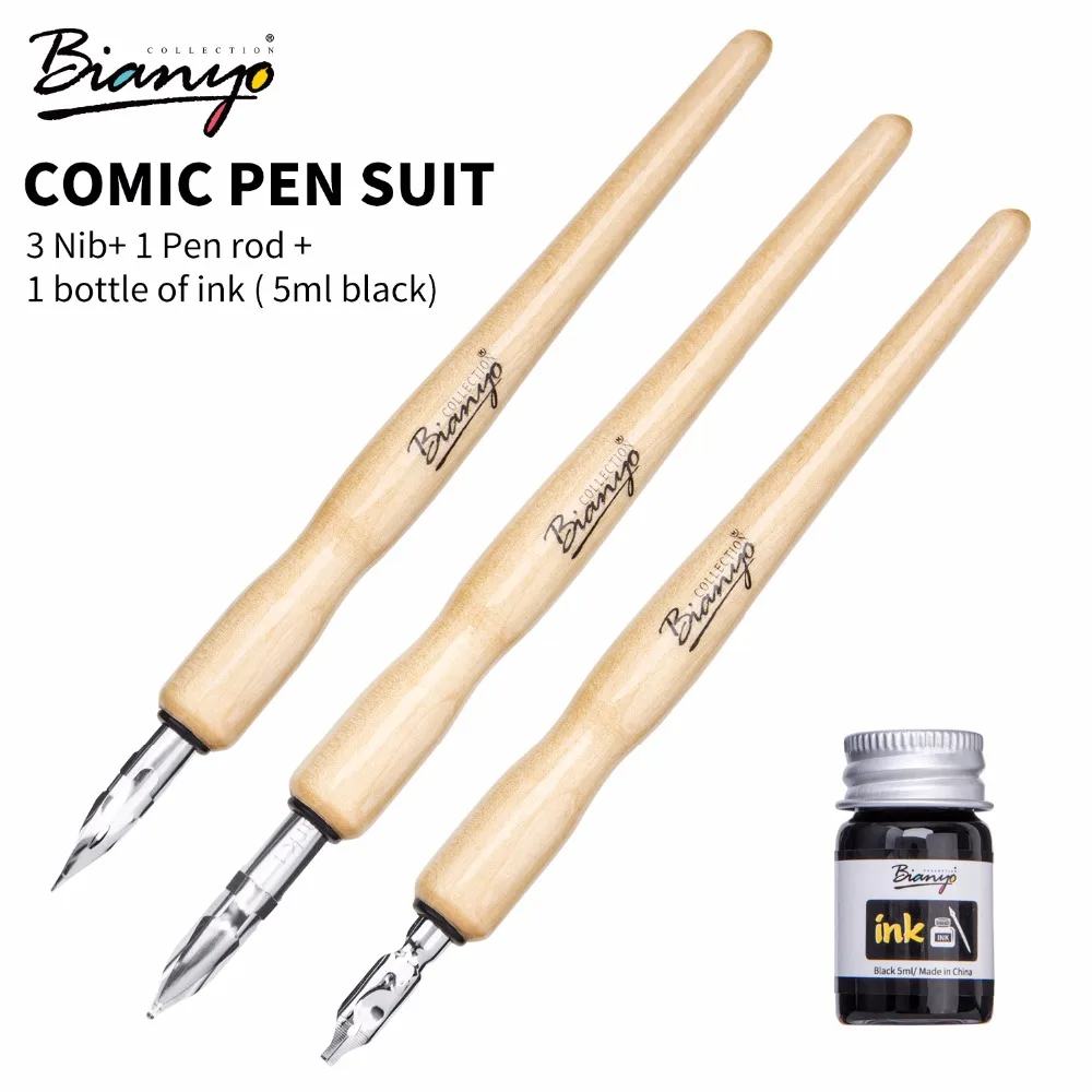 Bianyo Comic Pen Nibs Набор держателей с 3 перьями для студентов/круглых/плоских перьев