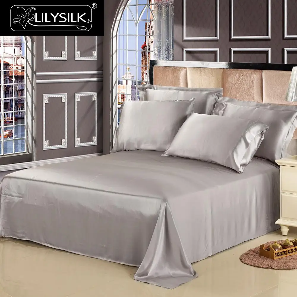 Silvergray Lilysilk 3 шт. шелковицы Постельное белье шелк плоский лист Оксфорд наволочки 19momme бесшовные шелковые простыни комплект - Цвет: Silvergray
