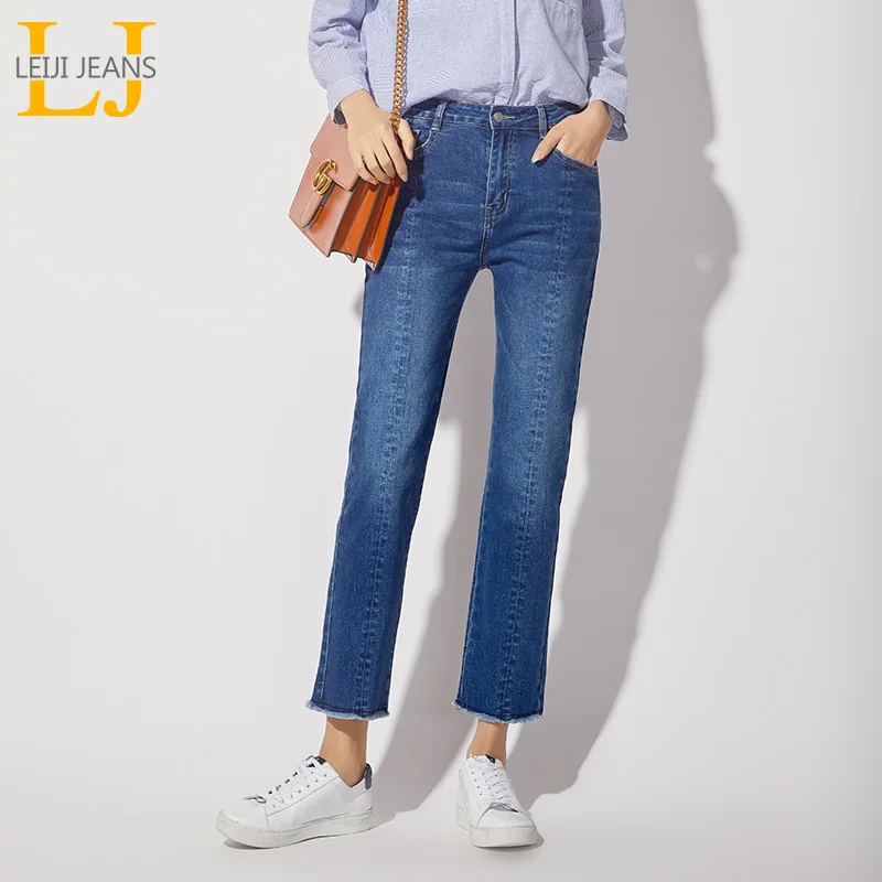 LEIJIJEANS New Autumn Tassel Medium Blue Color High Waist Ankle Length Plus Size L Bleached Slim Straight Jeans Women Denim 7164 | Женская