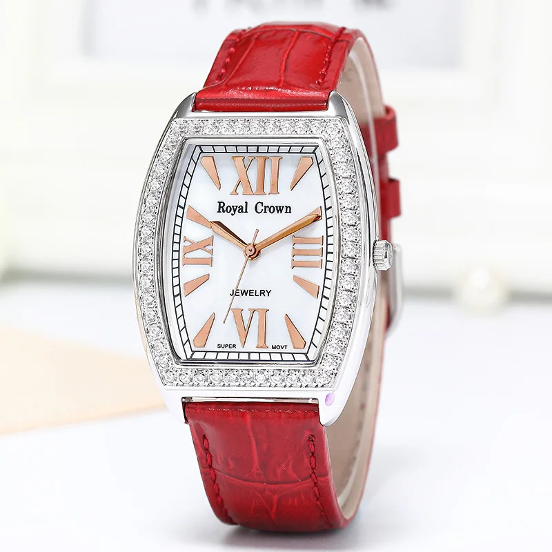 Royal Crown Luxury Men's Lady Women's Watch Japan Quartz Fashion Hours Colorful Bracelet Rhinestone Girl Boy Birthday Gift Box - Цвет: Large Red