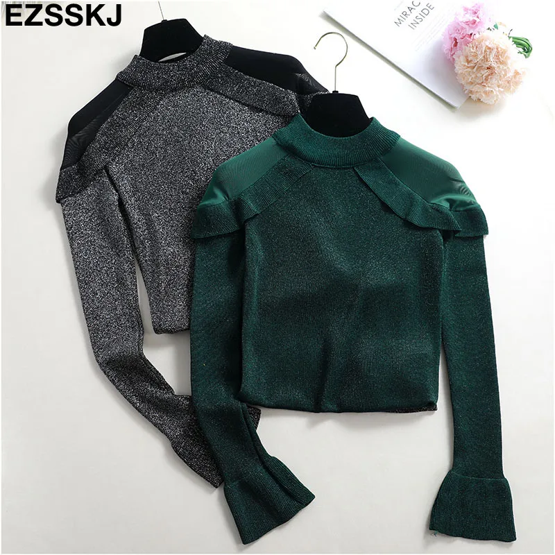 Женская трикотажная футболка с оборками блестящая Сетчатая длинным рукавом и