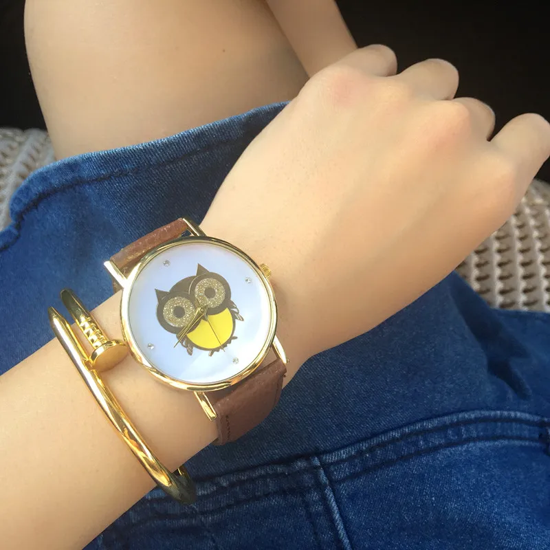 2016 New Fashion Yellow Belly Owl Leather Band Watches Women Dress Watch Casual Students Gift Quartz Watcheswith Diamond | Наручные часы