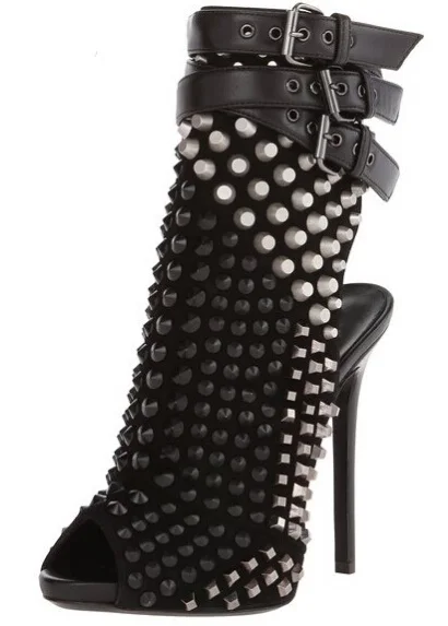 

Cool Fashion Solid Black Punk Crystal Platform Shoes Women Thin High Heels Cut Out Sandals Boots Women Free Ship Zapatos Mujer