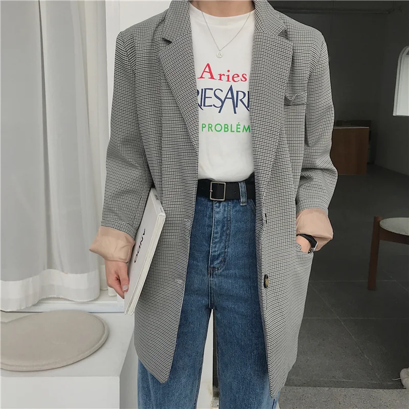 Женский клетчатый Блейзер винтажный однобортный офисный пиджак с длинным