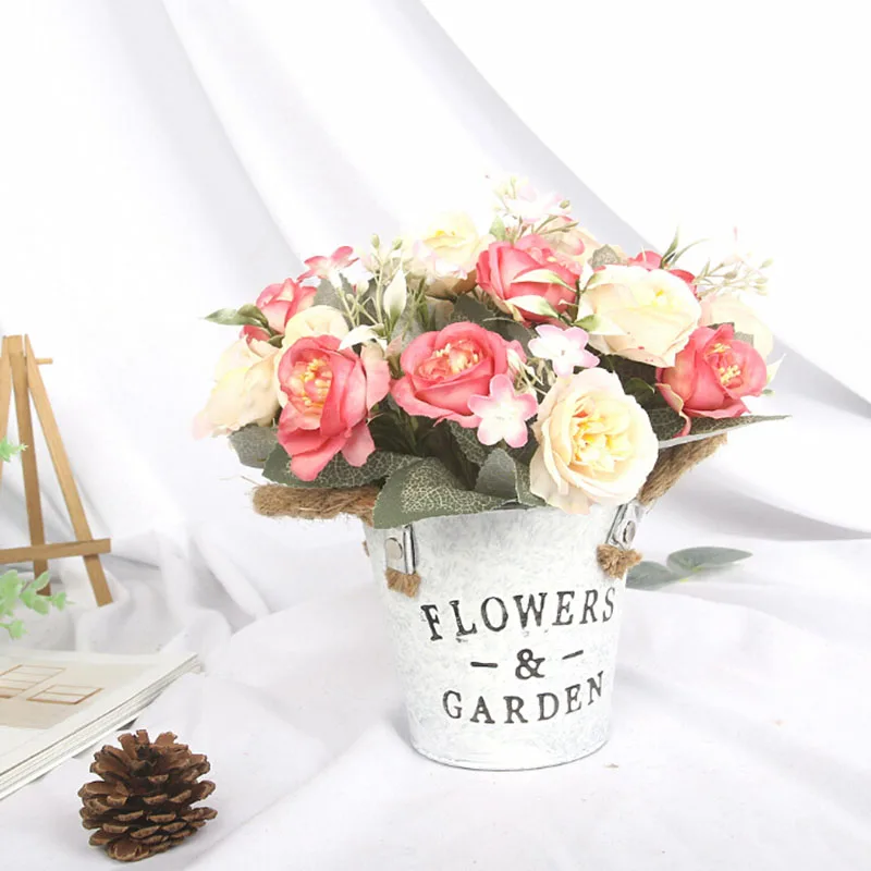Искусственная Роза цветочный горшок мини железа в горшке с пеньковой веревкой