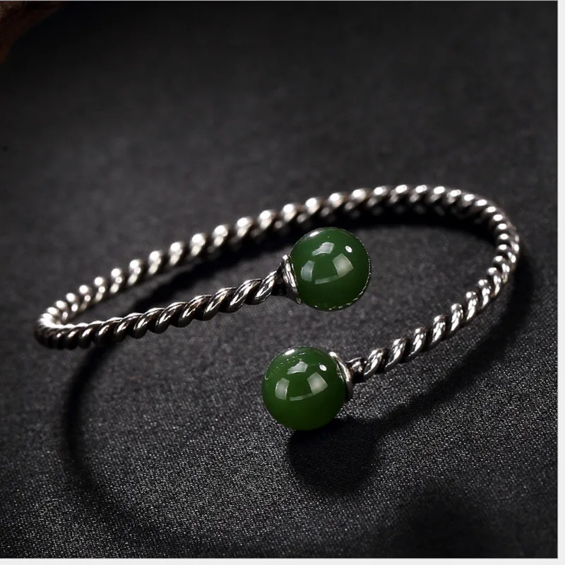 

Uglyless Real S925 Sterling Silver Fine Jewelry Twisted Weave Bangles Women Natural Jasper Balls Bangle Luxury Green Jade Bijoux