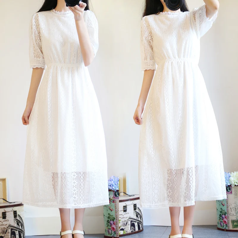 Женское пляжное платье Boho белое кружевное в Корейском стиле Элегантное Длинное