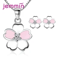 solid 925 sterling silver jewelry sets for women girls gifts enameled sakura flower stud earrings pendant necklace