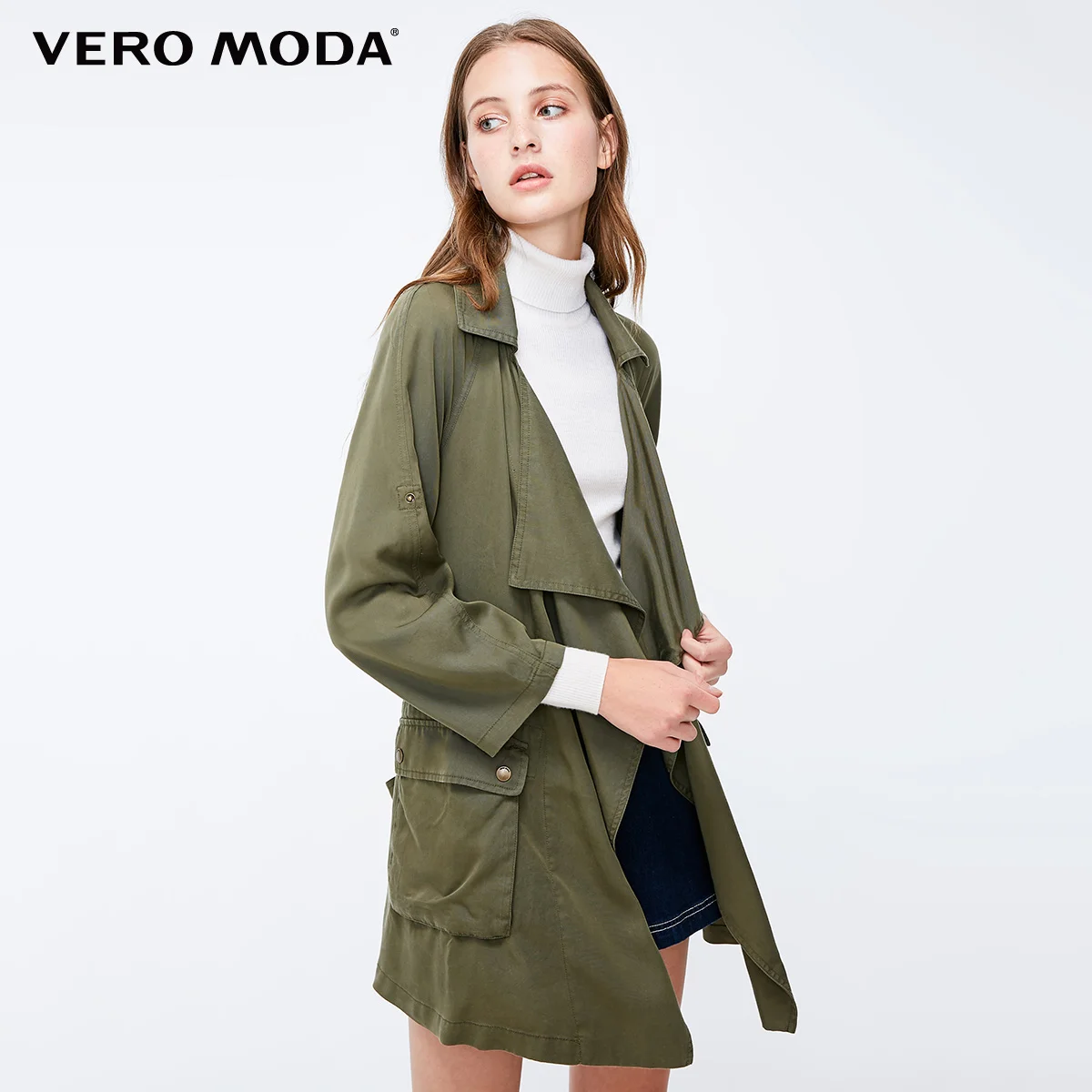Vero Moda женский декоративный карман свободный крой армейский зеленый Тренч с лацканами пальто | 318317505 - Цвет: Safari