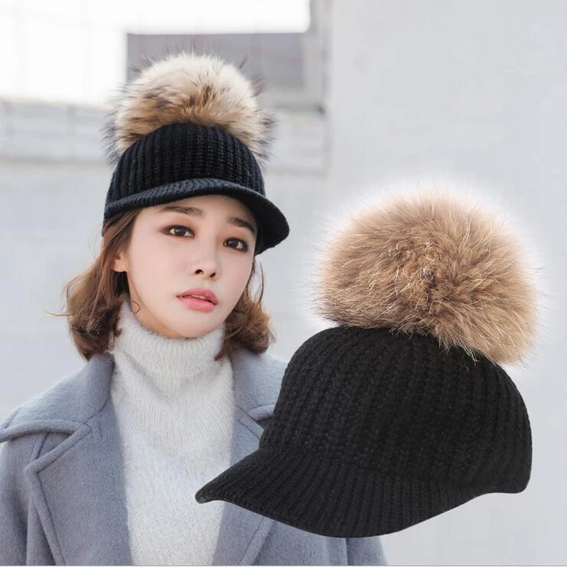 

Big Faux Raccoon Fur Pompoms Baseball Caps High Quality Black White Red Knitted Winter Hats for Women Korean Snapback Cap