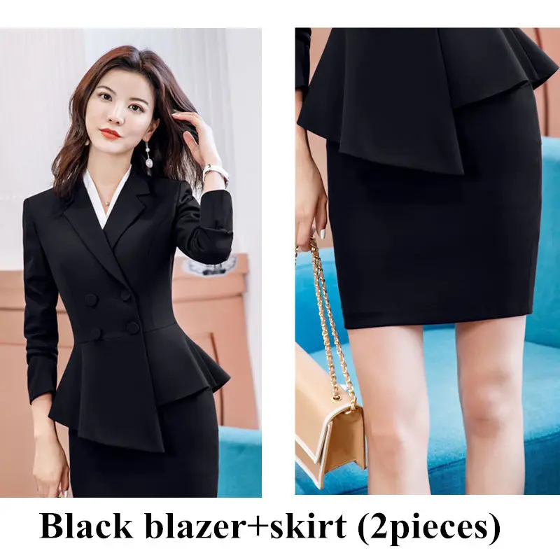 Black blazer skirts Женский красный Блейзер, тонкий, весна-осень, элегантный женский офисный жакет, костюм для работы с рюшами, двубортный Блейзер, однотонный, Dushicolorful - Цвет: Black blazer skirts