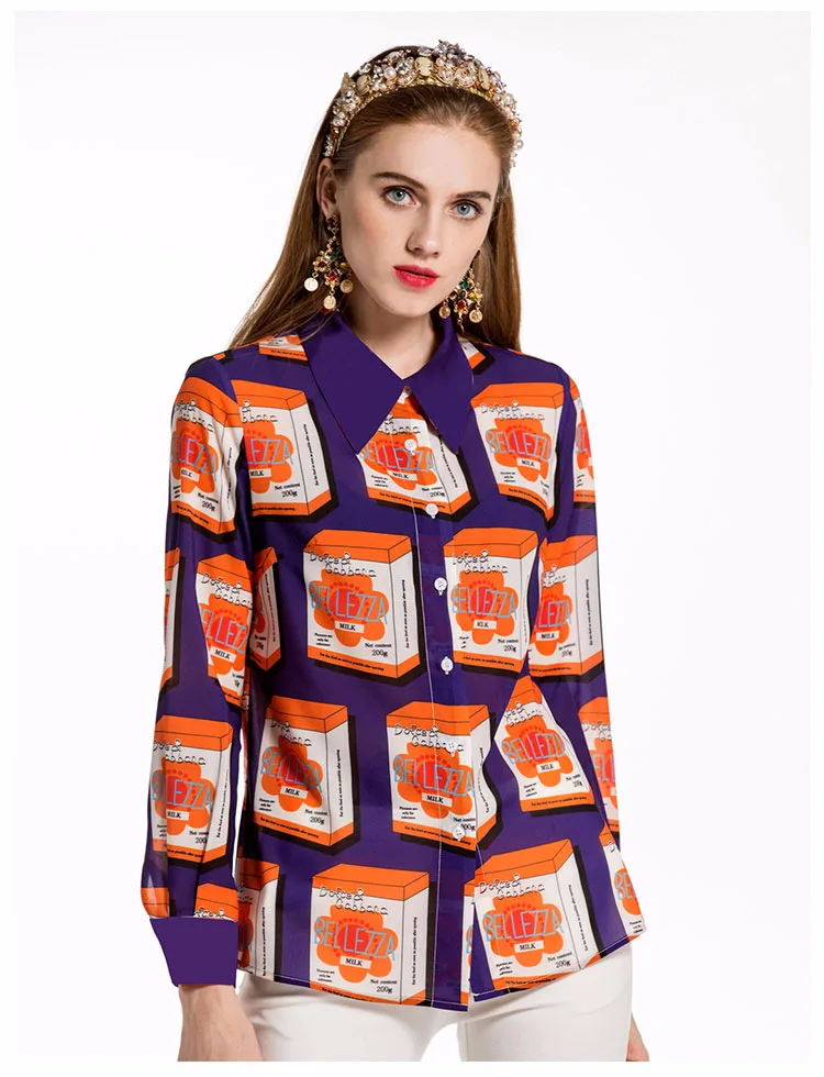 New Arrival 2019 Spring Summer Women's Turn Down Collar Long Sleeves Letters Geometric Printed Fashion Designer Shirts |