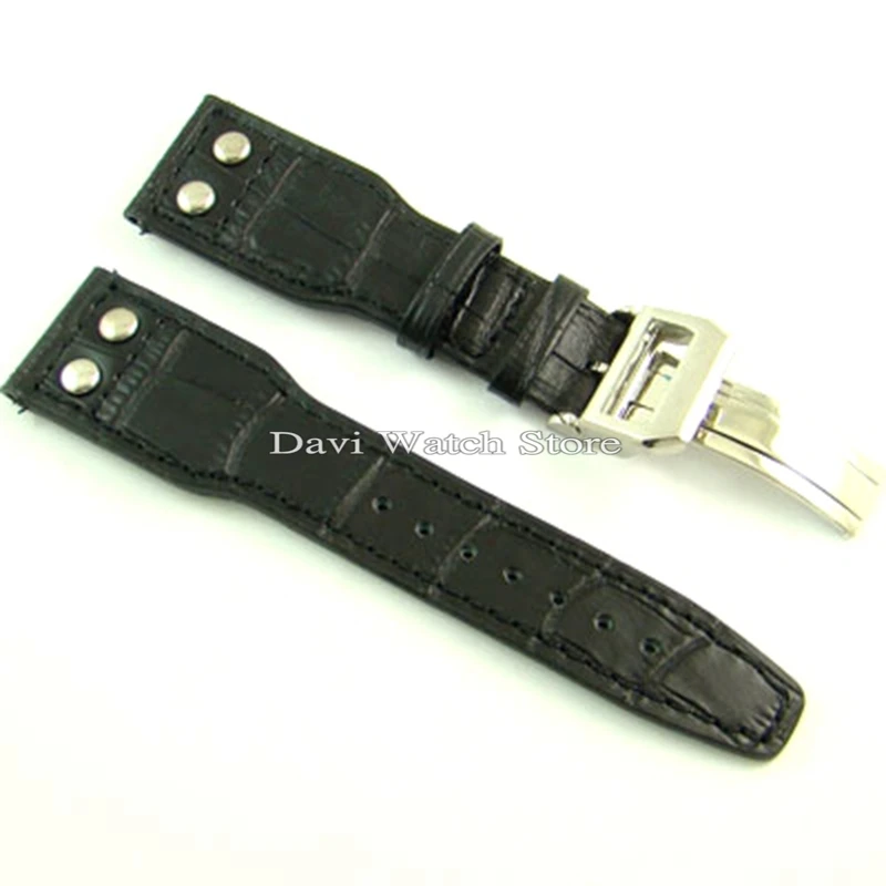 

24mm quality Leather Strap Deployant buckle Black high Men's Wristwatch Band