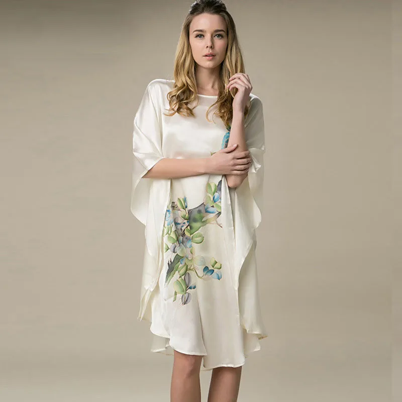 Женское атласное платье из натурального шелка белое ручной работы с принтом