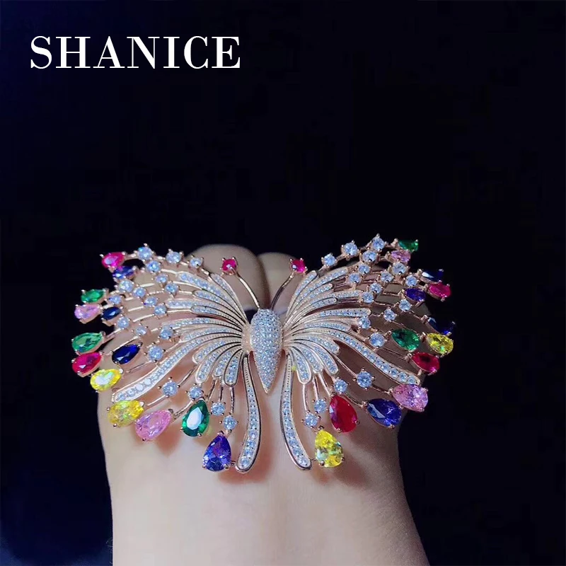SHANICE, цветная большая бабочка, брендовая, кубический цирконий, кристалл, брошь для женщин, жемчужные булавки, натуральная оболочка, брошь, свитер-корсаж