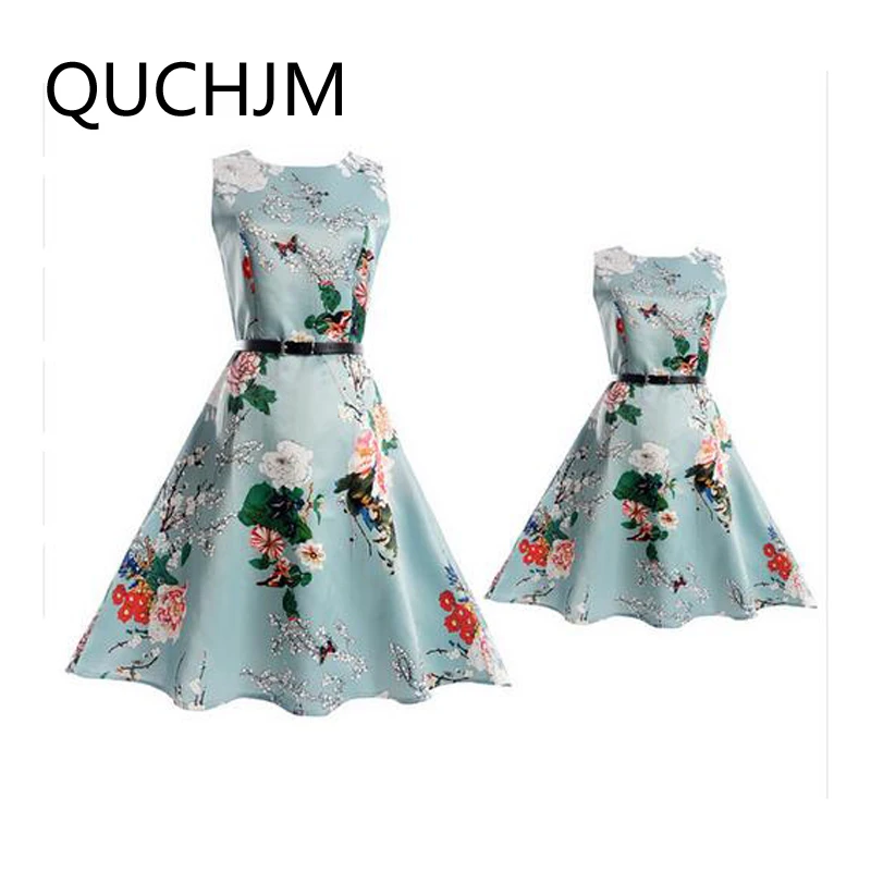 Фирменные платья для мамы и дочки 2017 винтажное весеннее Платье с принтом девочек