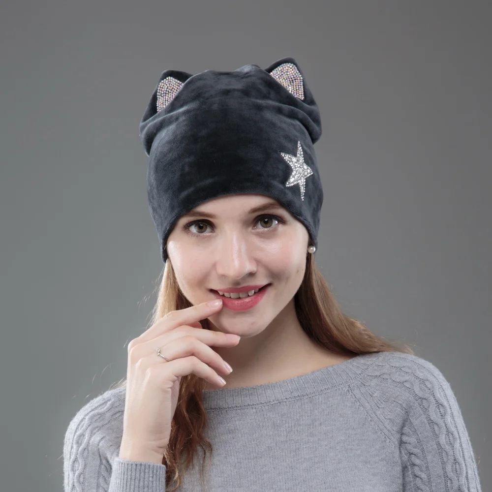 OHCOXOC дизайн женские шапочки Skullies принцесса девушка милая осенне-зимняя шапка с кошачьими ушками блестящая Звезда со стразами