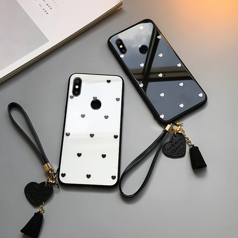 BONVAN Tempered Glass Case For Samsung Galaxy M30 M20 M10 love Heart Cover Tassel lanyard phone Fundas | Мобильные телефоны и