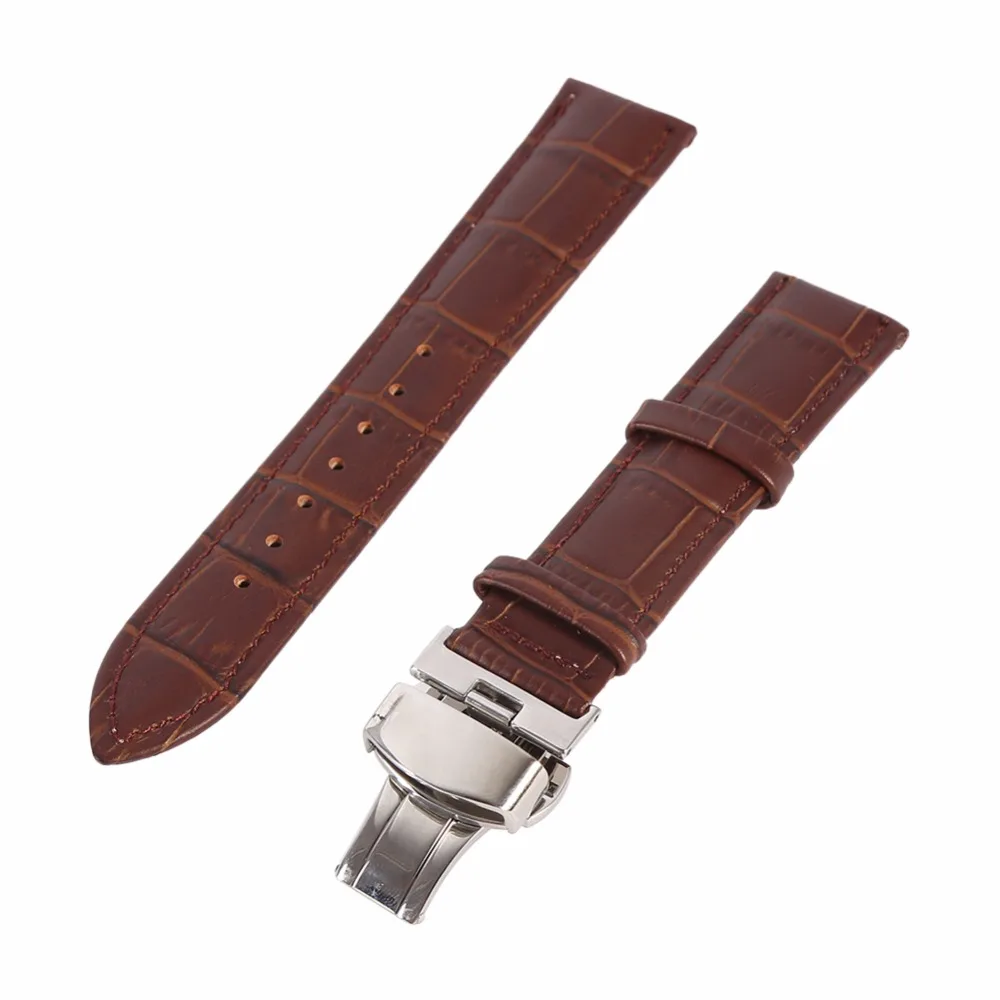 Butterfly buckle Watchband Genuine Leather Black Coffee Watch Band 16mm 18mm 20mm 22mm 24mm Strap | Наручные часы