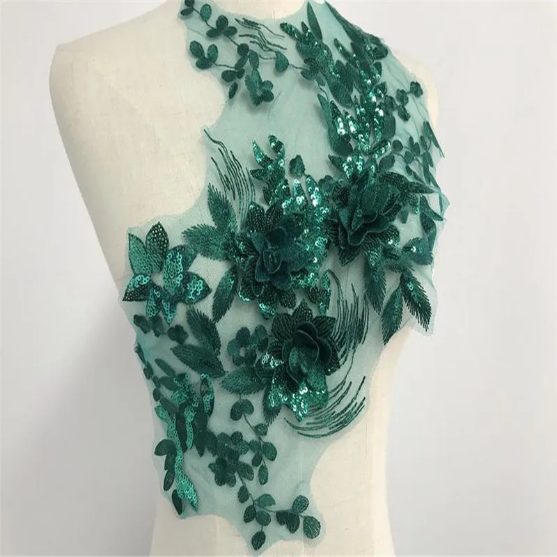 Dark Green Applique Sequins Embroidery 3D Flower Lace Applique Trim Dress Fabrics DIY Material for Weddings Lace