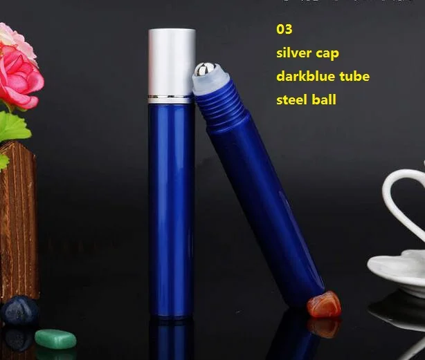 

50pcs 15ML plastic roll on Bottle/steel bead ball Sample Perfume Vial,Small Essential Oil bottle Lip oil metal cap/darkblue