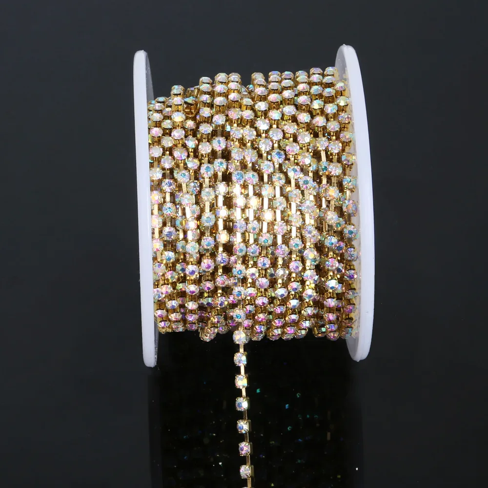 10 ярдов/рулон Золотое основание прозрачные/белые стразы кристаллы AB для