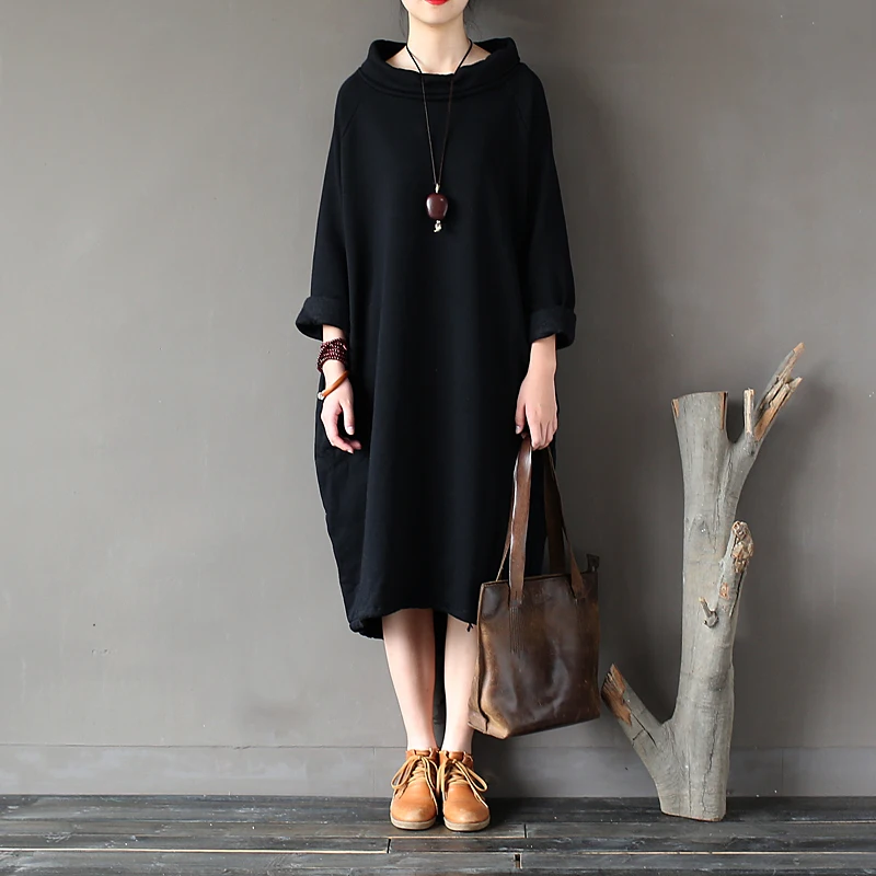 SCUWLINEN, осенне-зимнее платье, хлопок, женское платье, Vestidos, свободное, флисовое, утолщенное, водолазка, длинный рукав, длинный халат S60