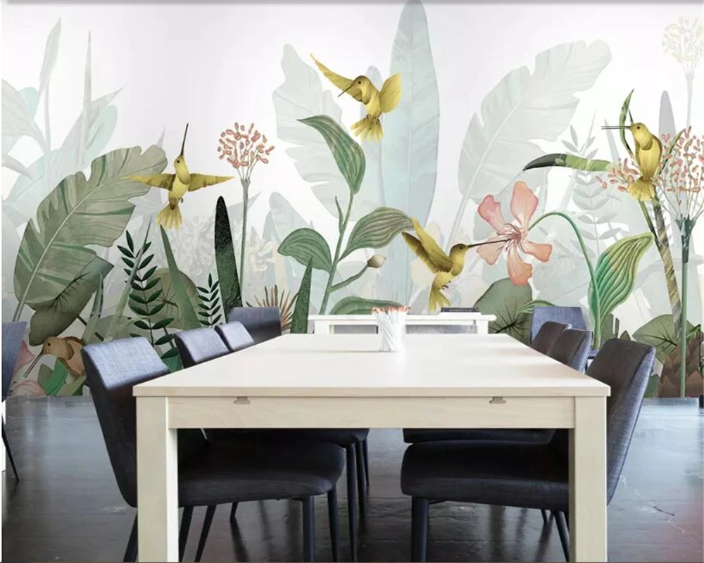 Пользовательские 3d обои современные банановые листья птицы и цветы фон фото papel