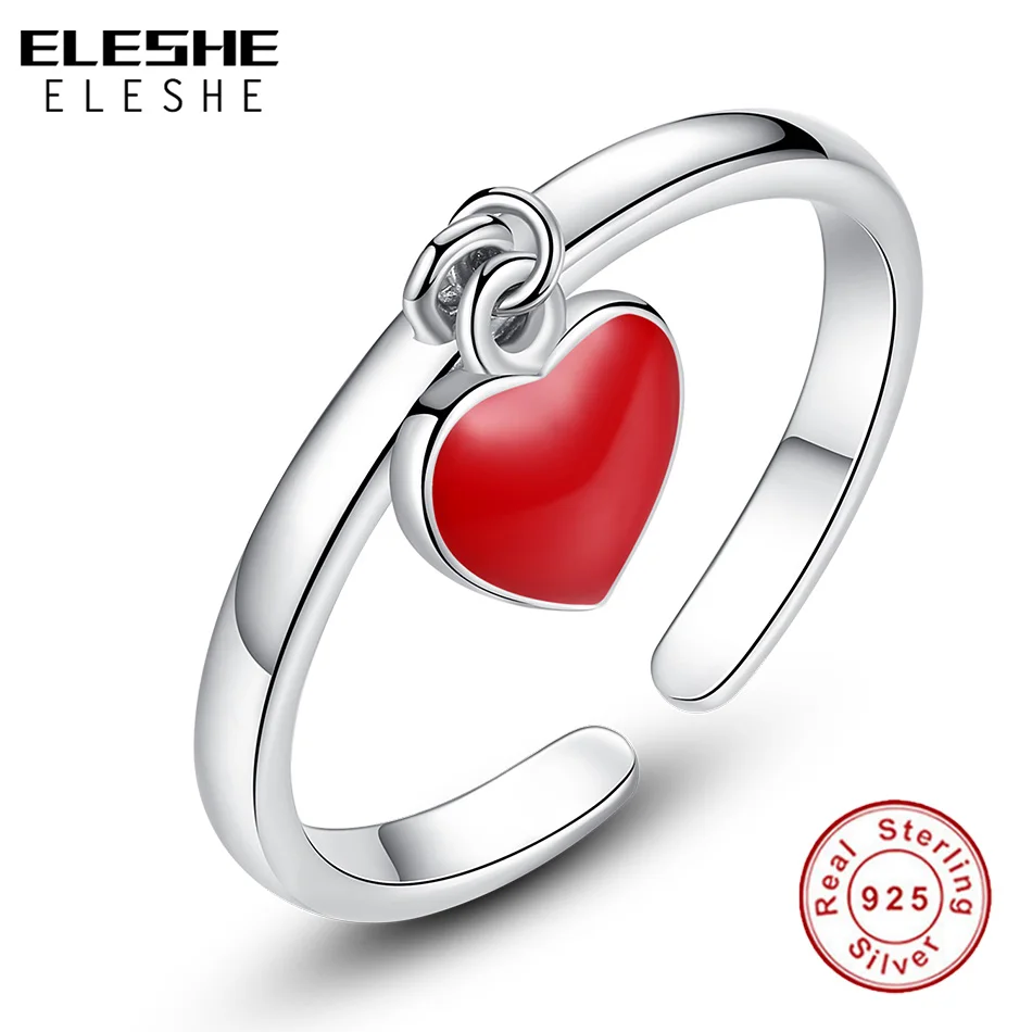 ELESHE Real 925 Sterling Silver Romantic Open Rings With Red Enamel Love Heart Ring For Women Anniversary Jewelry Gift