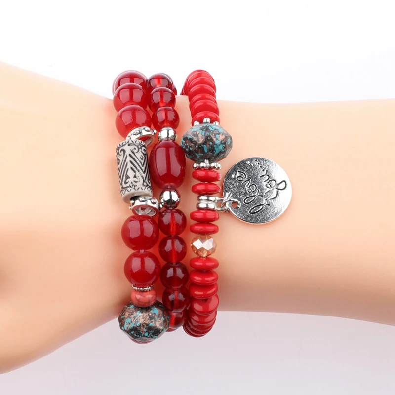 OIQUEI Fashion Jewelry 3PCS/Set Bohemian Vintage Womens Bracelets Multilayer Natural Stone Beads Charm Bracelets For Women