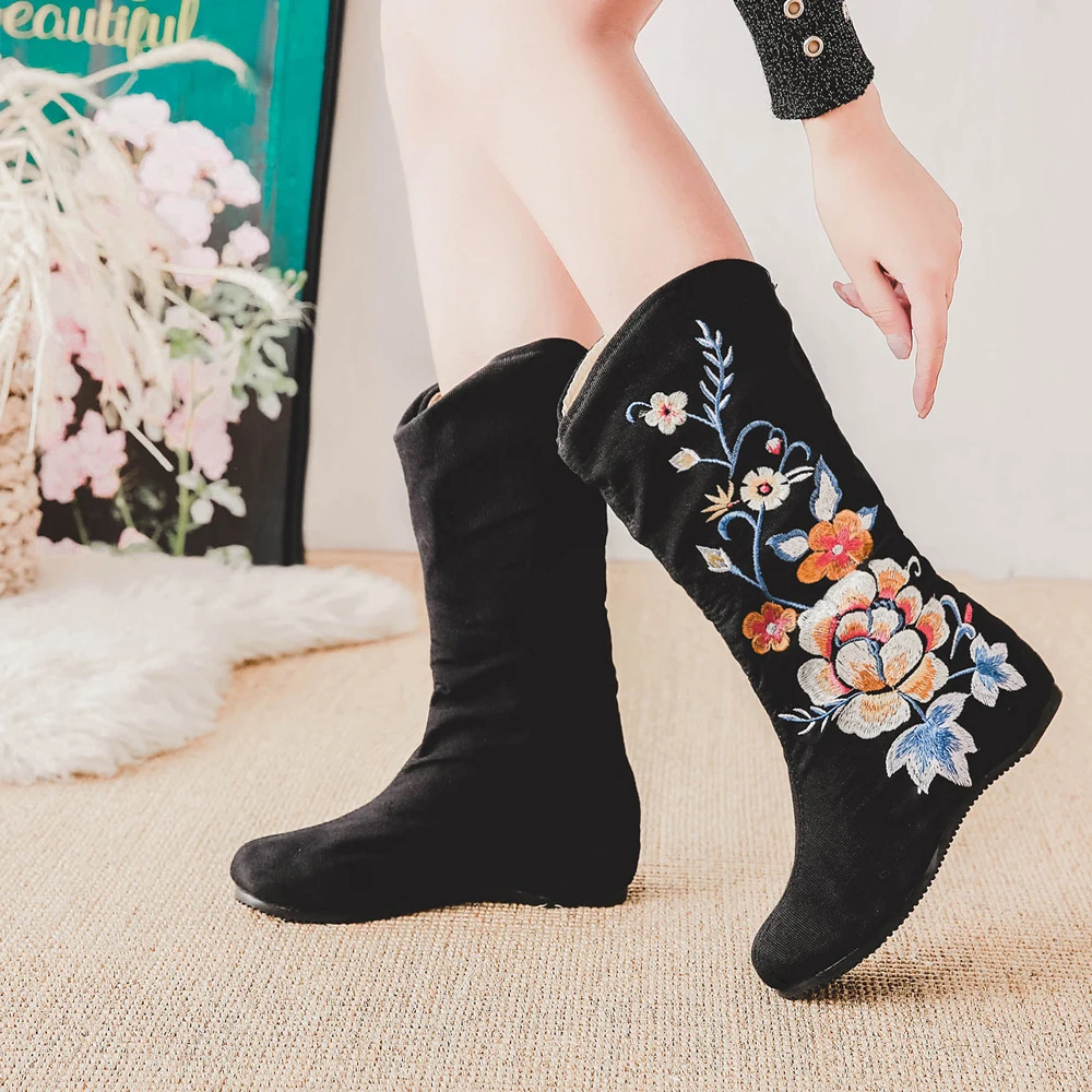 Винтажные осенние женские ботинки с вышивкой в китайском стиле botas Mujer черного