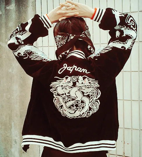 Hot Japanese Harajuku YOKOSUKA Feel Dragon Embroidery Cool Jacket Long Sleeve Baseball Casual Outwear High Quality Black &amp Blue | Женская