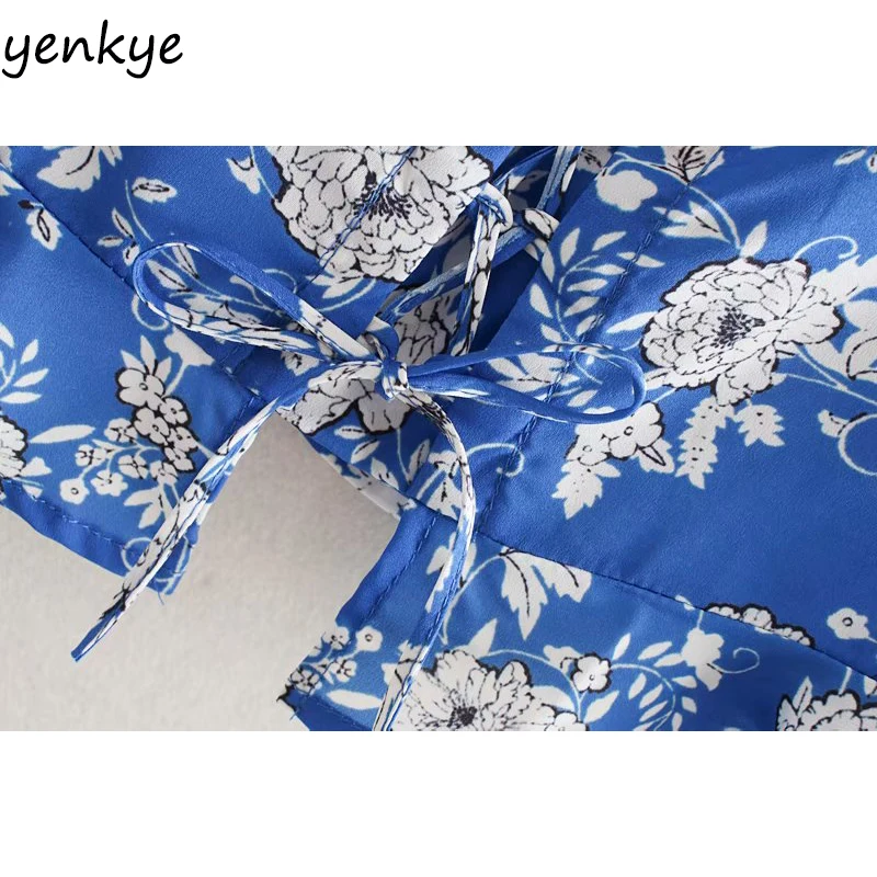 Modis 2019 женский синий цветочный принт укороченный Топ Леди спереди регулируемый