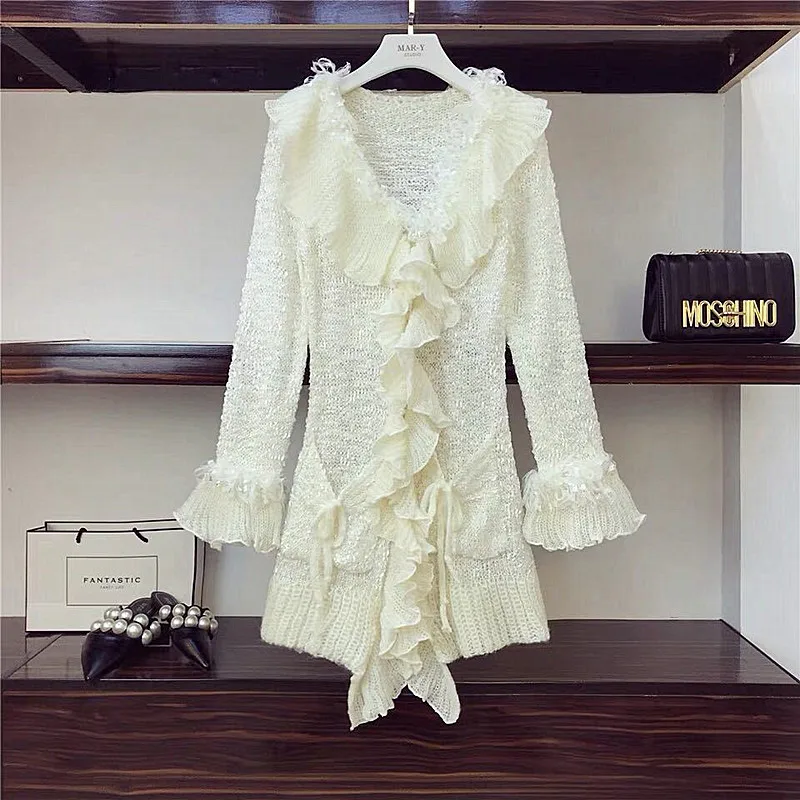 Fashion Knit Cardigan Sweater Women's 2018 Autumn Winter New V-Neck Long Ruffled Sleeve Slim Coat Single Breasted |