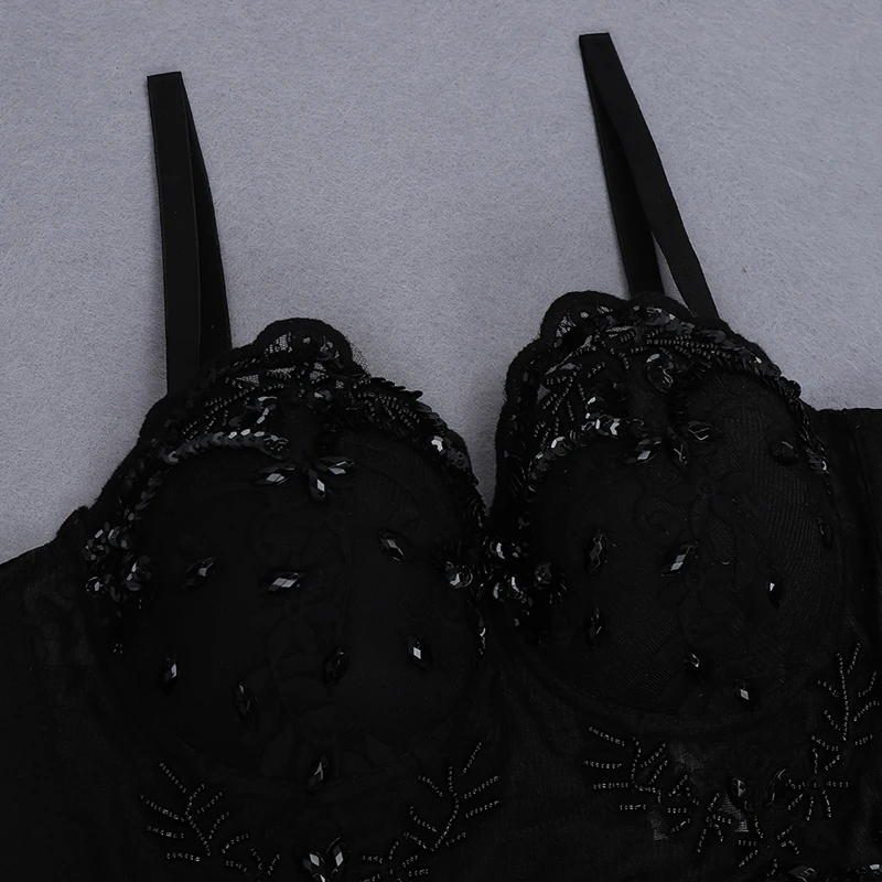 INDRESSME 2019 New Sexy Bra Cropped Top Embellished Lace Beading Spaghetti Straps Skinny Hot Summer Women Sexy Club Party Tops