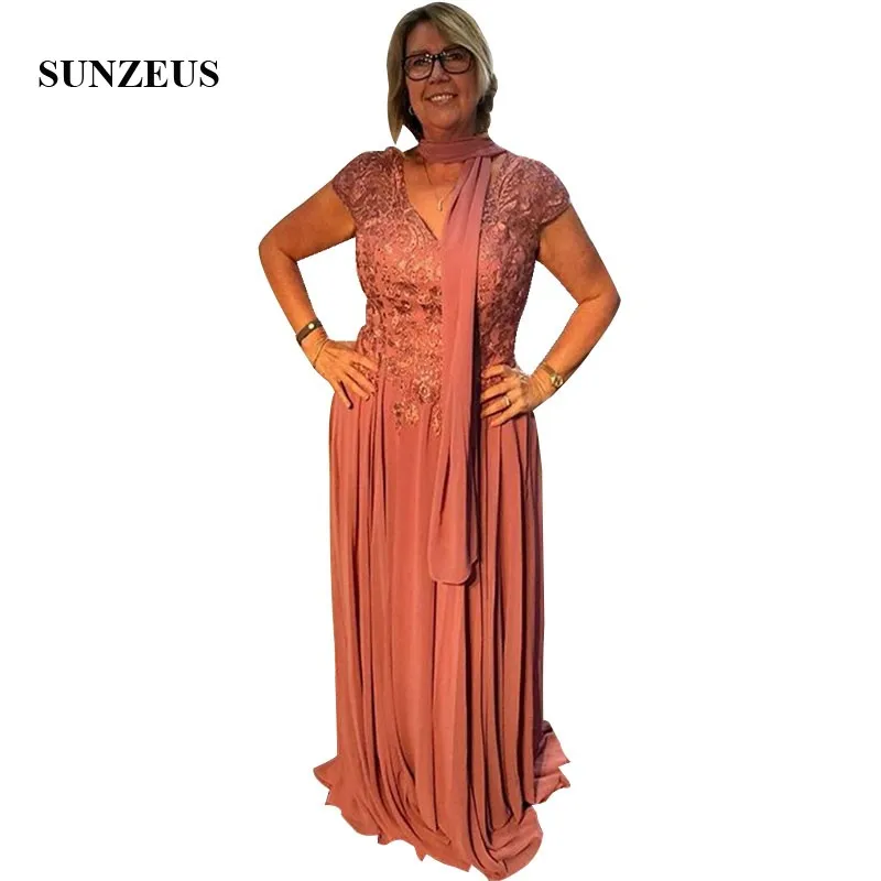 

Beaded Appliques Mother Of The Bride Dress A-line V-neck Cap Sleeves Chiffon Bride Mother Gowns Long Lady Formal Robe