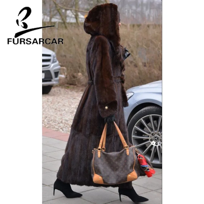 FURSARCAR 2021 New Luxury Real Mink Fur Coats 120 CM Long Jacket With Big Fur Hood For Women Whole Skin Female Mink Fur Coat