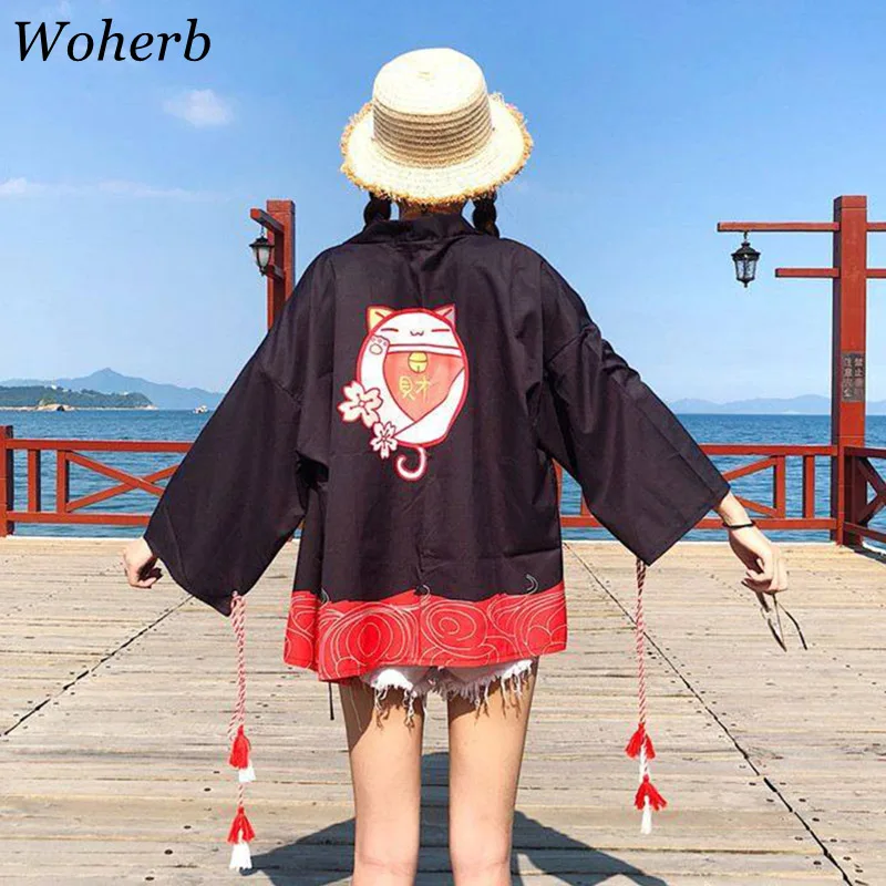 Женский кардиган кимоно Woherb Kawaii рубашка в японском стиле Харадзюку с принтом из