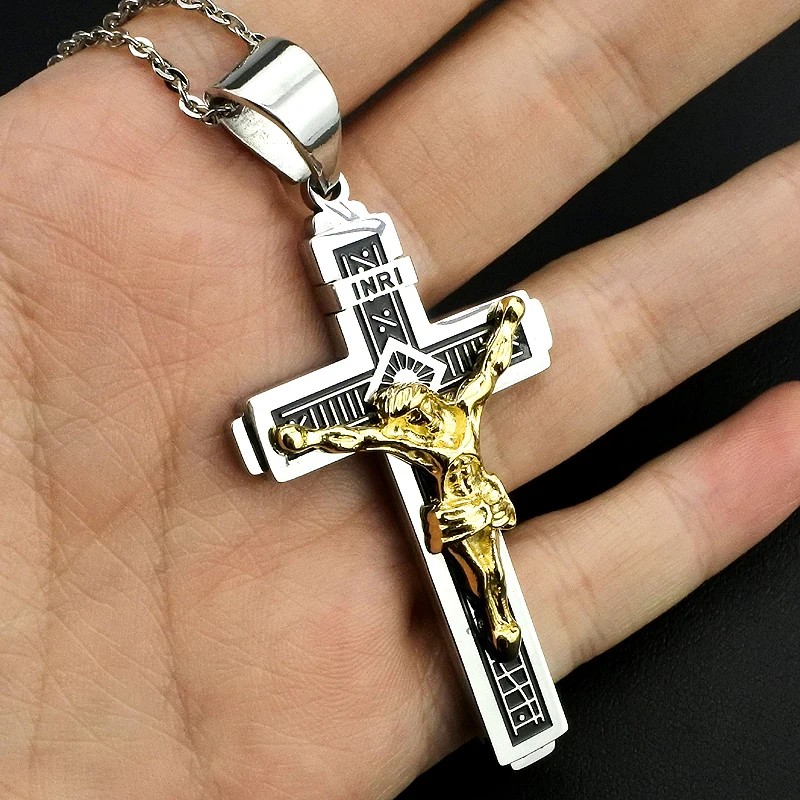 Крест AMUMIU распятие инри Иисус кулон и ожерелье из нержавеющей стали золотой цвет