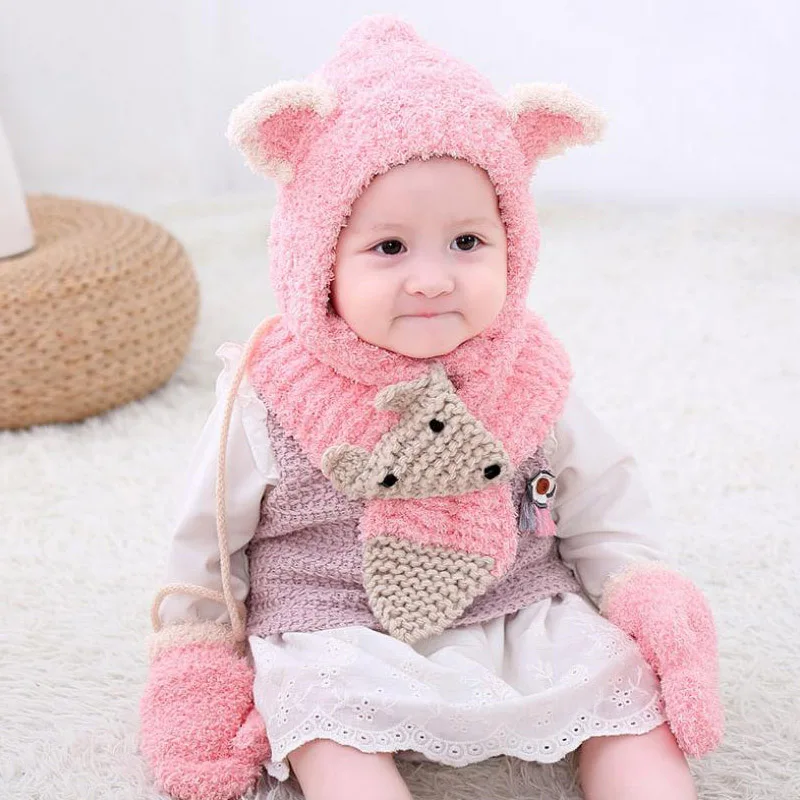 pink 6 months to 3 Years old cartoon fox beanies hats sets wool kids soft winter 3 pcs baby boys girl scarf hat glove set - Цвет: pink