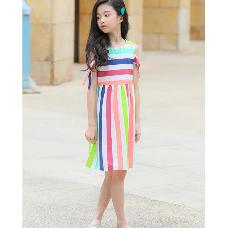 kids &amp teenager girls summer rainbow striped cut-out shoulder casual dress children 4 to 16 years mide dresses clothing | Детская